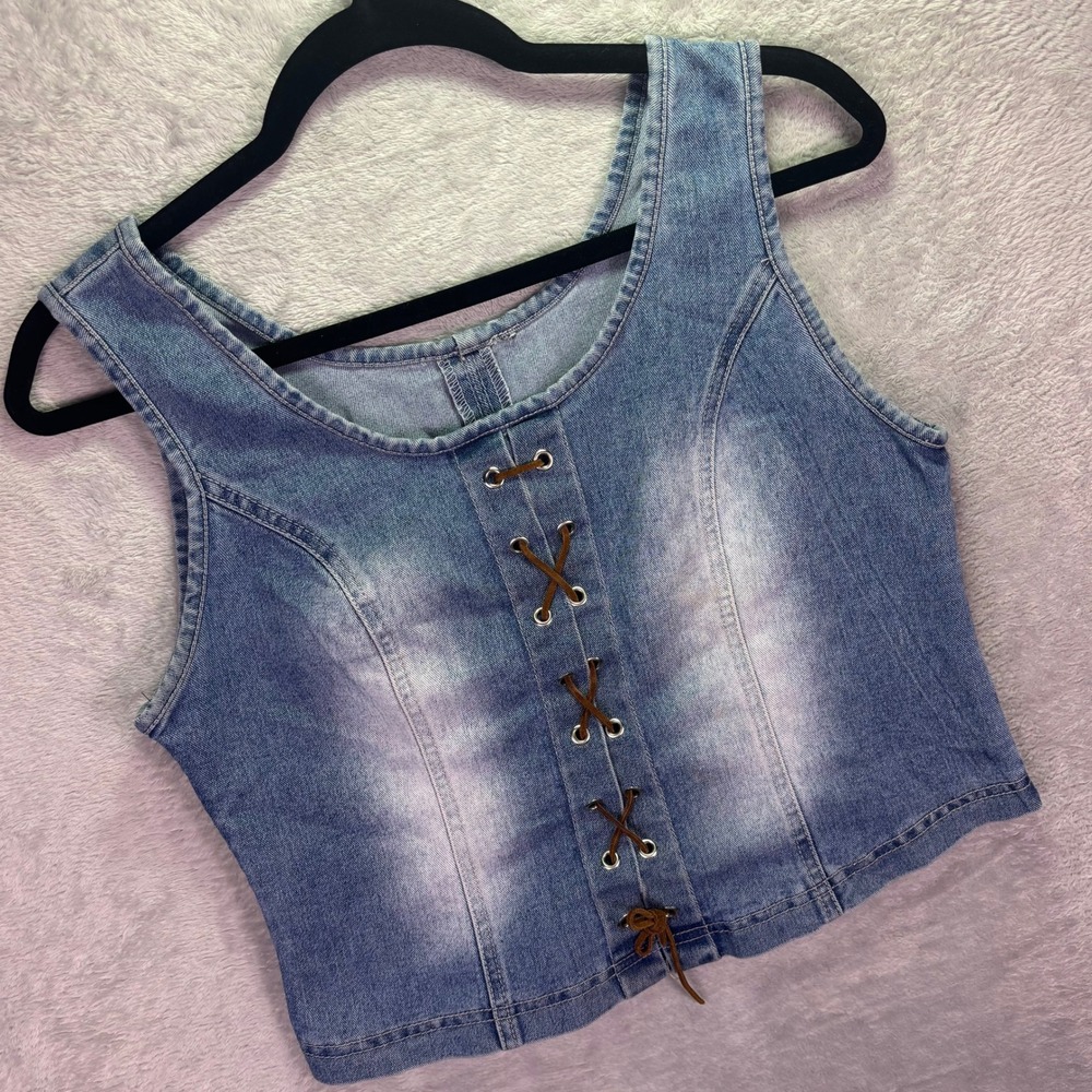 Unbranded Women Denim Vest XL Blue Lace Up Front Side Zip Acid Wash Cropped